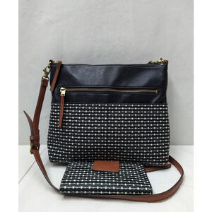 Fossil Black Coated Canvas Leather Trim Zipper Crossbody Bag